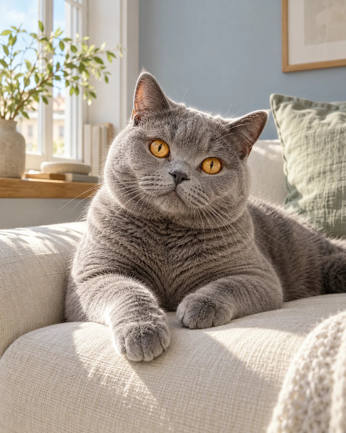 En nyfiken grå katt på en mjuk soffa